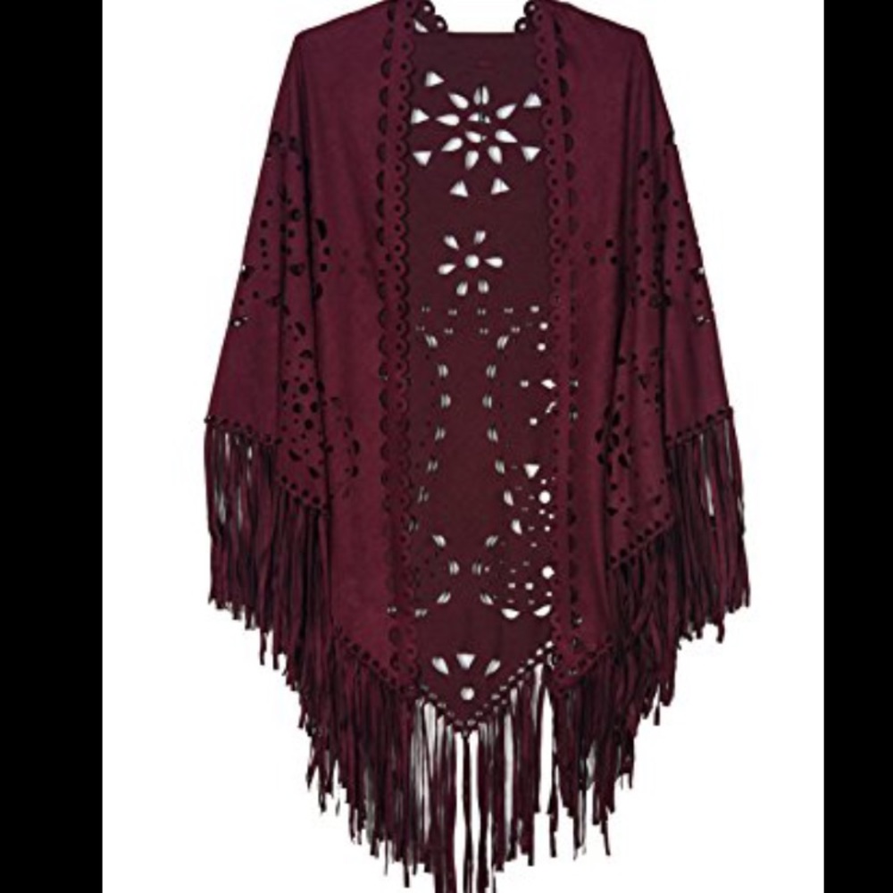 Women's Suedette Cut Out Fringed Cape Kimono